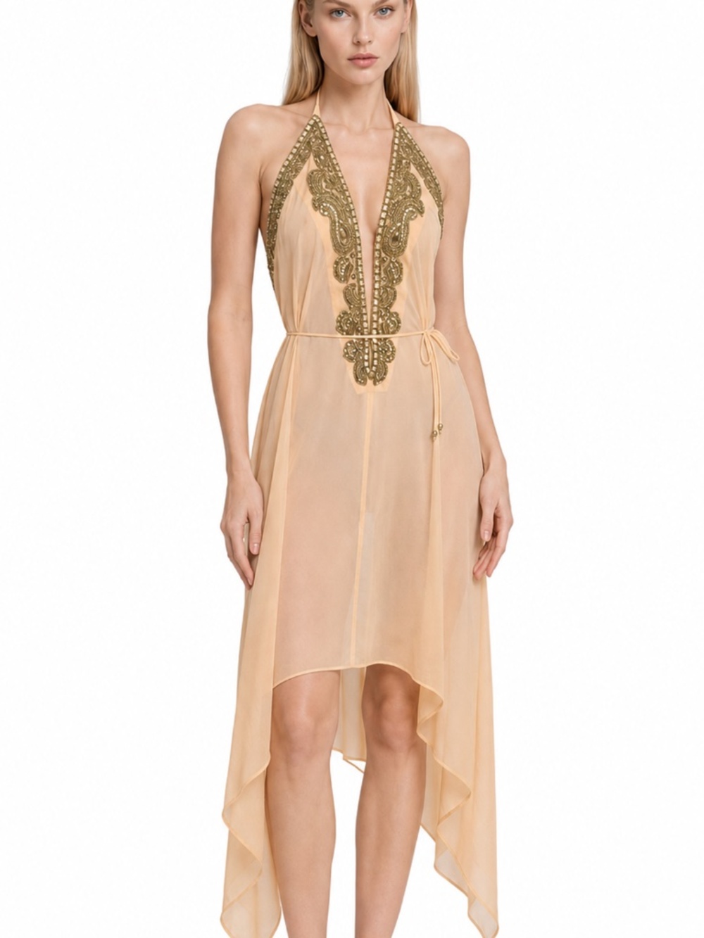Designer Nude Gold Hand Beaded Halter Dress Champagne Bridesmaid  Dress Wedding
